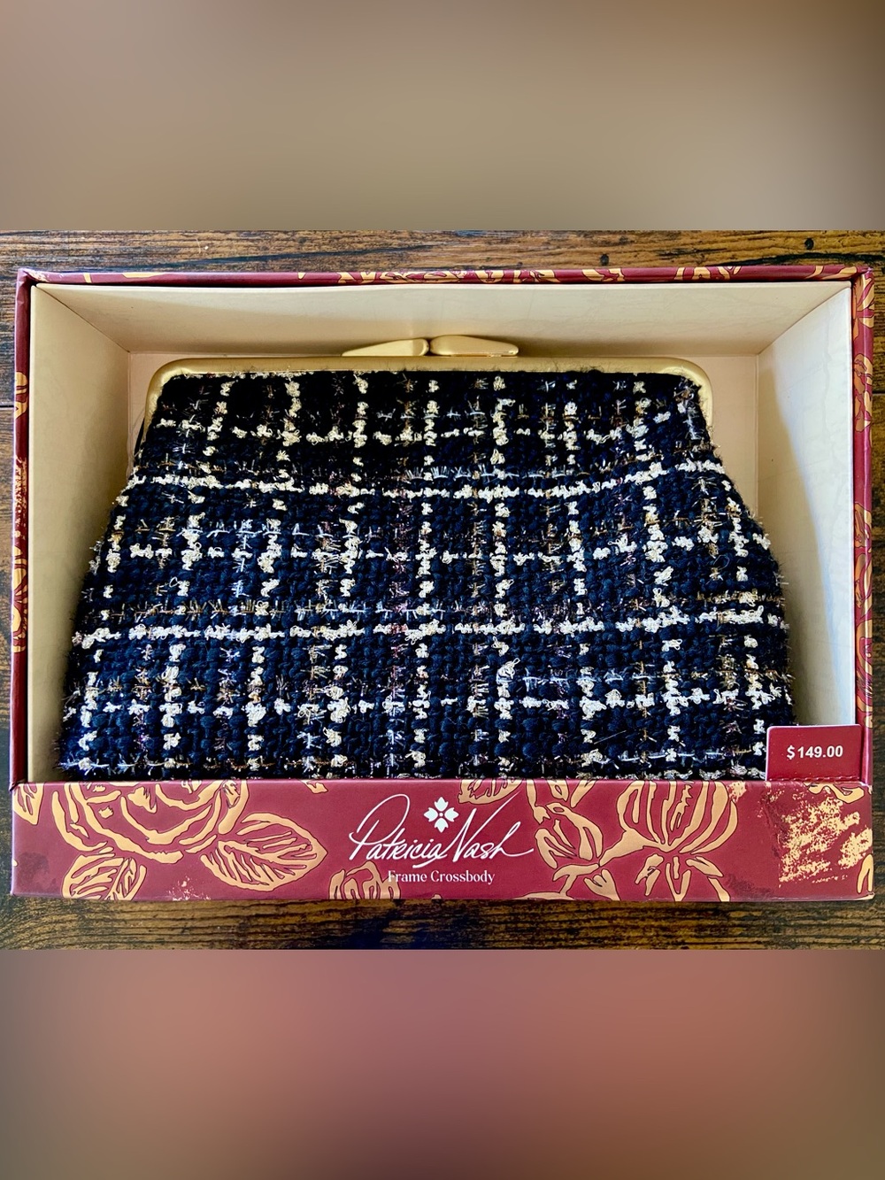 Patricia Nash “Evelina” Black & Cream Tweed Clutch with Gold Accents